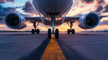 Modern Airplane on Runway at Twilight with Close-Up View of Tire
