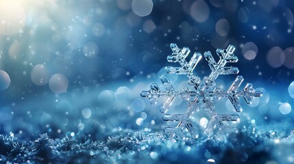 Fototapeta premium Christmas background with glass snowflake and glare on blue