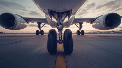 Modern Airplane on Runway at Twilight with Close-Up View of Tire