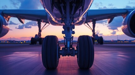 Modern Airplane on Runway at Twilight with Close-Up View of Tire