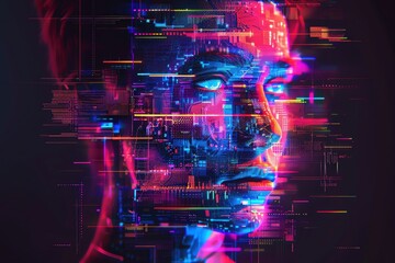 Fototapeta premium Futuristic portrait featuring vibrant digital effects, merging human emotion with technological elements in a striking visual art piece.