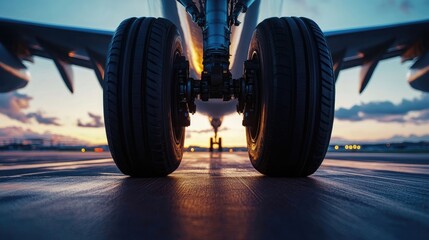 Modern Airplane on Runway at Twilight with Close-Up View of Tire