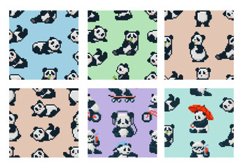 Pixel art panda bear seamless pattern. Cute retro 8bit pandas, kawaii animal print design for wrapping paper, child wallpapers or clothing fabric. Seamless vector background set.