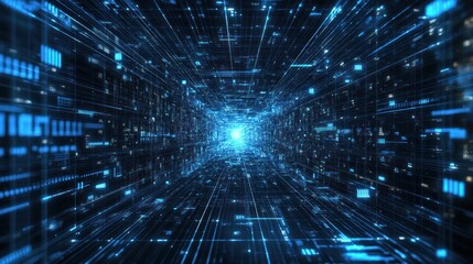 Obraz premium Digital Network Tunnel with Glowing Blue Lines and Data