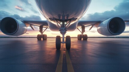 Modern Airplane on Runway at Twilight with Close-Up View of Tire