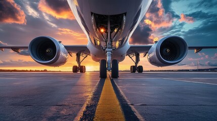 Modern Airplane on Runway at Twilight with Close-Up View of Tire