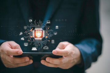 Cybersecurity and privacy concepts to protect data. Lock icon and internet network security technology. Businessman protecting personal data on smartphone, virtual screen interfaces. cyber security.