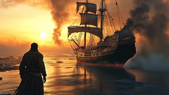 Sailor pirate looks at majestic smoking ship sinking in the sea at sunset, back view