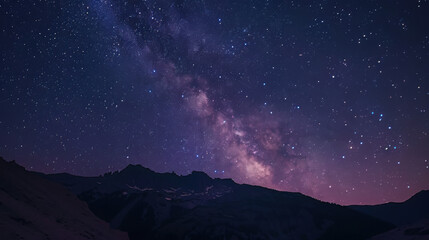 In the tranquil night, the Milky Way spans the sky, the majestic mountain range stands out clearly in the starlight, a meteor streaks across the night sky, disappearing on the horizon, a serene, myste