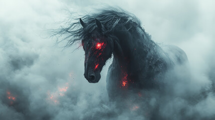 A powerful black horse emerges from swirling smoke, its glowing red eyes and fiery details creating dramatic and intense atmosphere.