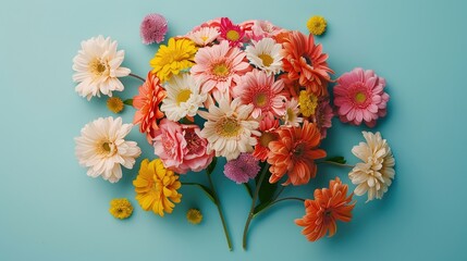A vibrant arrangement of various flowers on a blue background, showcasing nature's beauty.