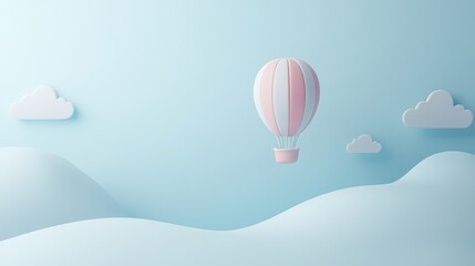 Obraz premium A serene scene featuring a hot air balloon floating above soft hills and clouds.