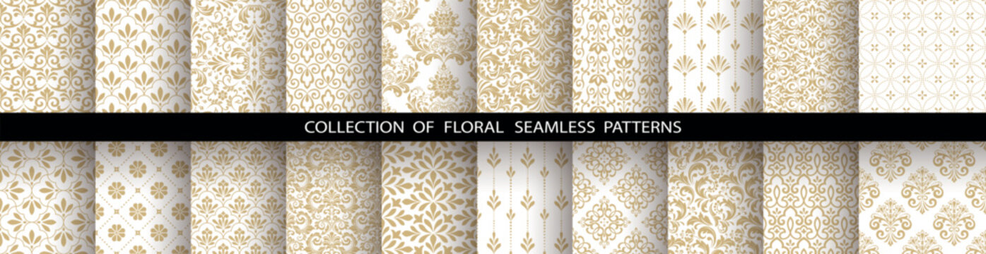 Geometric floral set of seamless patterns. White and golden vector backgrounds. Damask graphic ornaments