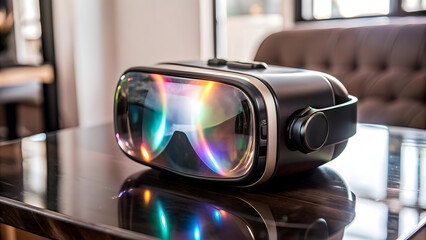 3D Holographic VR Headset on Glossy Table - Immersive Technology Concept with Glowing Elements on White Surface