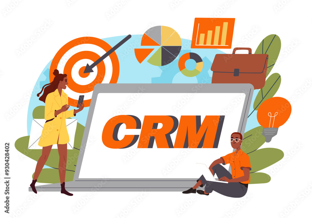 Poster crm on computer. customer relationship management. user behavior analysis. database and electronic s