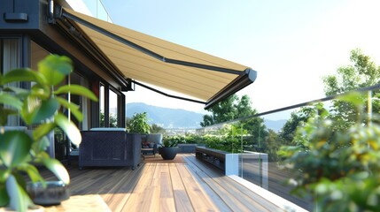 A rooftop terrace with a smart irrigation system keeping the plants healthy and a retractable awning automatically adjusting for sun or shade.
