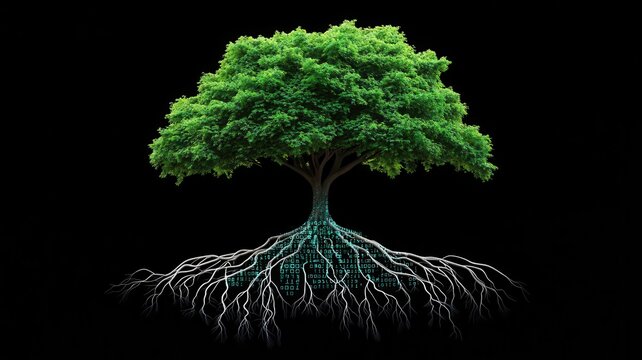A digital tree with roots extending into code, symbolizing the deep integration of growth mindset, adaptability, and technological innovation