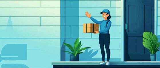 A cheerful delivery person stands at the door, holding a package, surrounded by plants in a vibrant, modern setting.