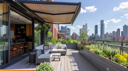 A rooftop terrace with a smart irrigation system keeping the plants healthy and a retractable awning automatically adjusting for sun or shade.