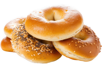 Close-up of a stack of assorted bagels with toppings like sesame and poppy seeds isolated on a white or transparent background. Ideal for bread food projects.