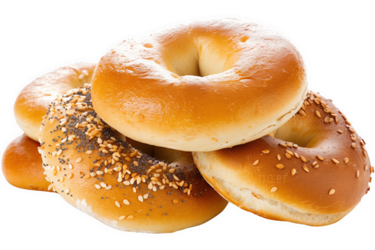 Close-up of a stack of assorted bagels with toppings like sesame and poppy seeds isolated on a white or transparent background. Ideal for bread food projects.