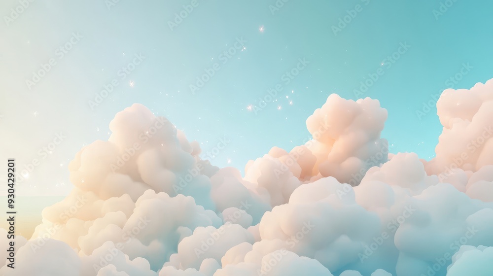 Poster a serene sky filled with fluffy clouds and a soft gradient background.
