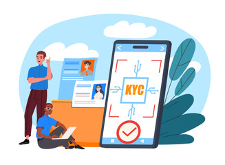 Customer verification concept. Know your client system at smartphone. Promotion on Internet and social networks. Identification and analysis. Flat vector illustration isolated on white background