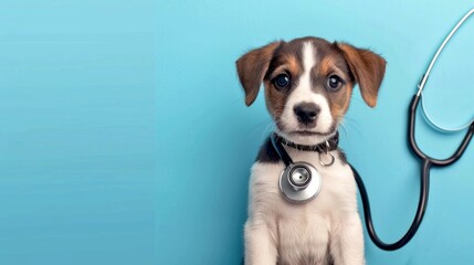 Adorable puppy with a stethoscope on a blue background. This image represents pet care and veterinary services. It highlights the importance of health for our furry friends. AI