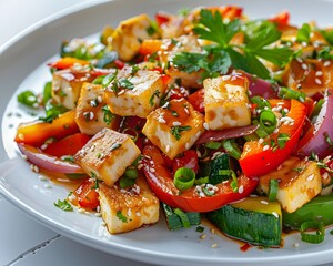 Vibrant Vegetable Stir fry with Tofu on White Plate