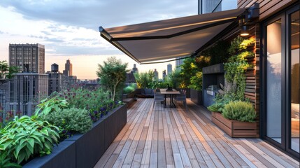 Fototapeta premium A rooftop terrace with a smart irrigation system keeping the plants healthy and a retractable awning automatically adjusting for sun or shade.