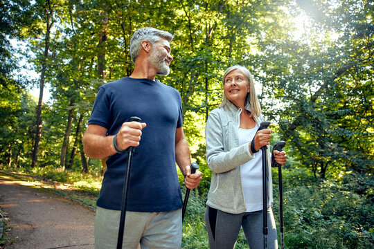Active and Engaged Seniors Delight in a Nature Walk in the Park Using Nordic Poles