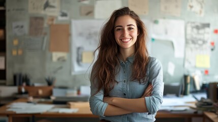 Fototapeta premium Cheerful Female Designer at Her Workstation in Office