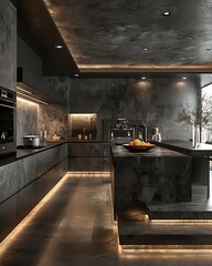 Modern kitchen design featuring dark tones, sleek surfaces, and ambient lighting.