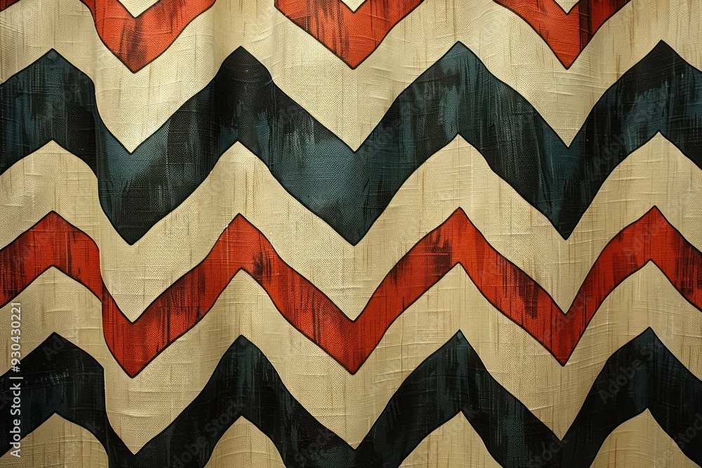 Poster a close-up shot of a textured fabric with a repeating zigzag pattern in red, black, and blue