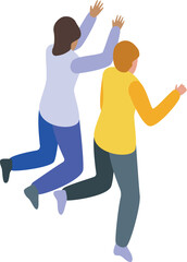 Two business colleagues are joyfully running and celebrating their achievement with raised arms