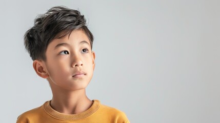 photo portrait of a handsome young Asian model teen boy looking forward. child ad with copy space, cute, kids, children