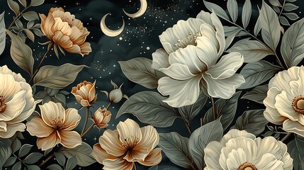 A continuous pattern of celestial garden elements, including moonflowers, jasmine, stars, and crescent moons, designed for seamless wallpaper with a vintage mystical flair, deep blue and silver tones,