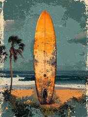 Vintage beach poster with classic wooden surfboard on golden sand with turquoise waves and palm trees background