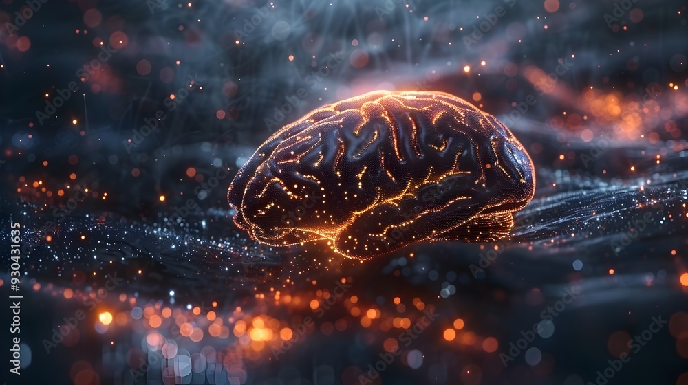 Poster digital brain composed of glowing neural networks representing advanced technology