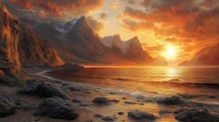 Dramatic sunset over a mountain range and ocean.