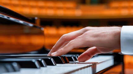 Obraz premium A close up of a man's hand playing the piano in an auditorium, AI