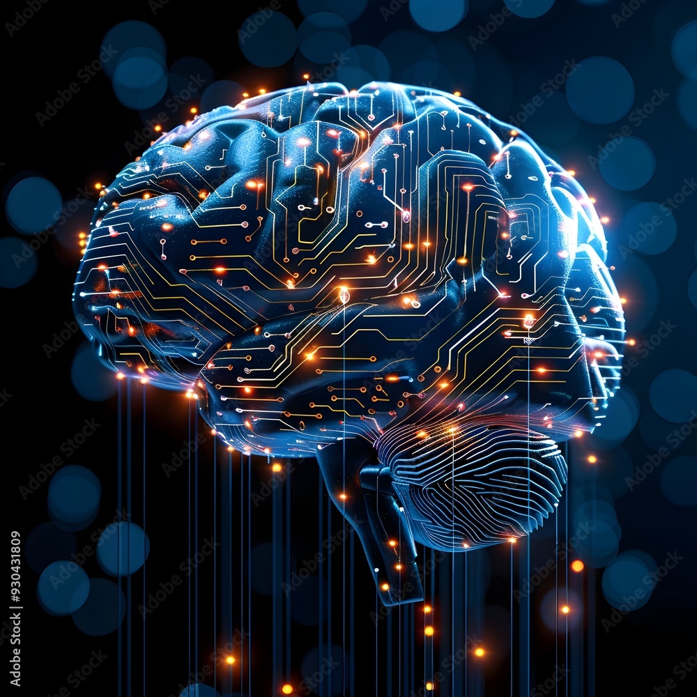 Poster brain integrated with futuristic circuitry symbolizing the fusion of human intellect and advanced te