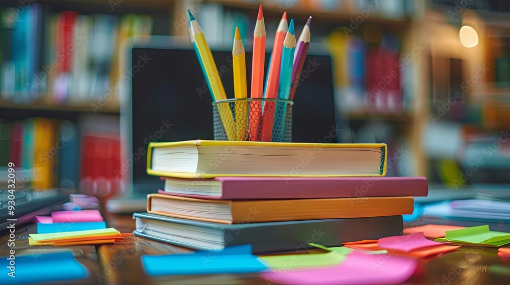 Poster pencils placed on top of stack or pile of books surrounded by colorful sticky notes, placed on table