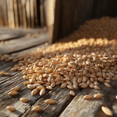 Obraz premium Close-up of scattered grains on rustic wooden surface, showcasing natural textures and earthy tones.