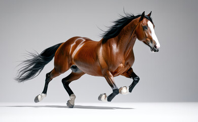 Obraz premium A stunning brown horse galloping gracefully, showcasing its strength and beauty in motion against a neutral background.