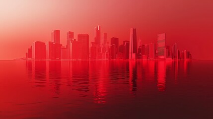 Fototapeta premium A stylized city skyline reflected in tranquil waters, bathed in a surreal red hue, creating an artistic and dramatic ambiance.