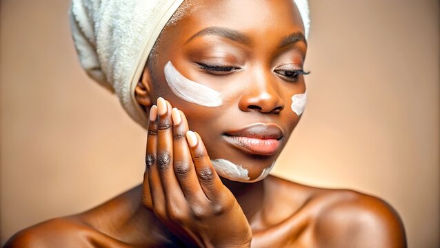 Vibrant close-up portrait of a young, dark-skinned african american woman applying facial cream—showcasing flawless skin, natural beauty, and elegance in a beauty routine setting. - Powered by Adobe