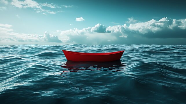 A vibrant red boat floating on calm blue waters under a dramatic sky, evoking a sense of tranquility and adventure.