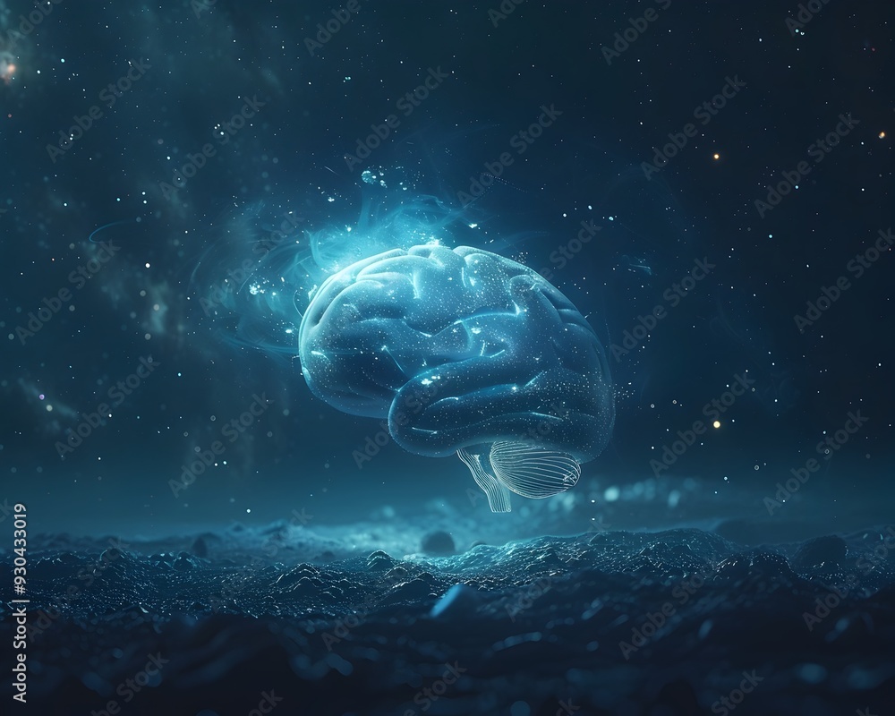Poster glowing brain in dark void symbolizing deep thought and intelligence concept