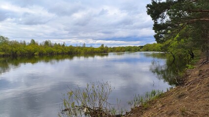 In early spring the river overflows, the water is high and muddy. The fast current floods the floodplain and bushes along the banks. The water reflects the trees with young leaves and the sky